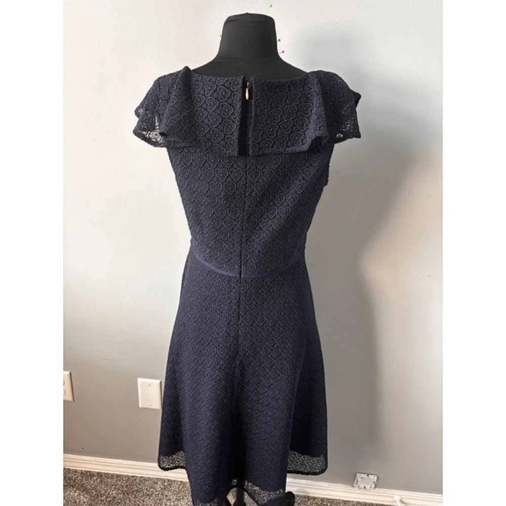 Draper James heart lace flounce shoulder navy blue Fit & Flare‎ Dress Ruffle NWT